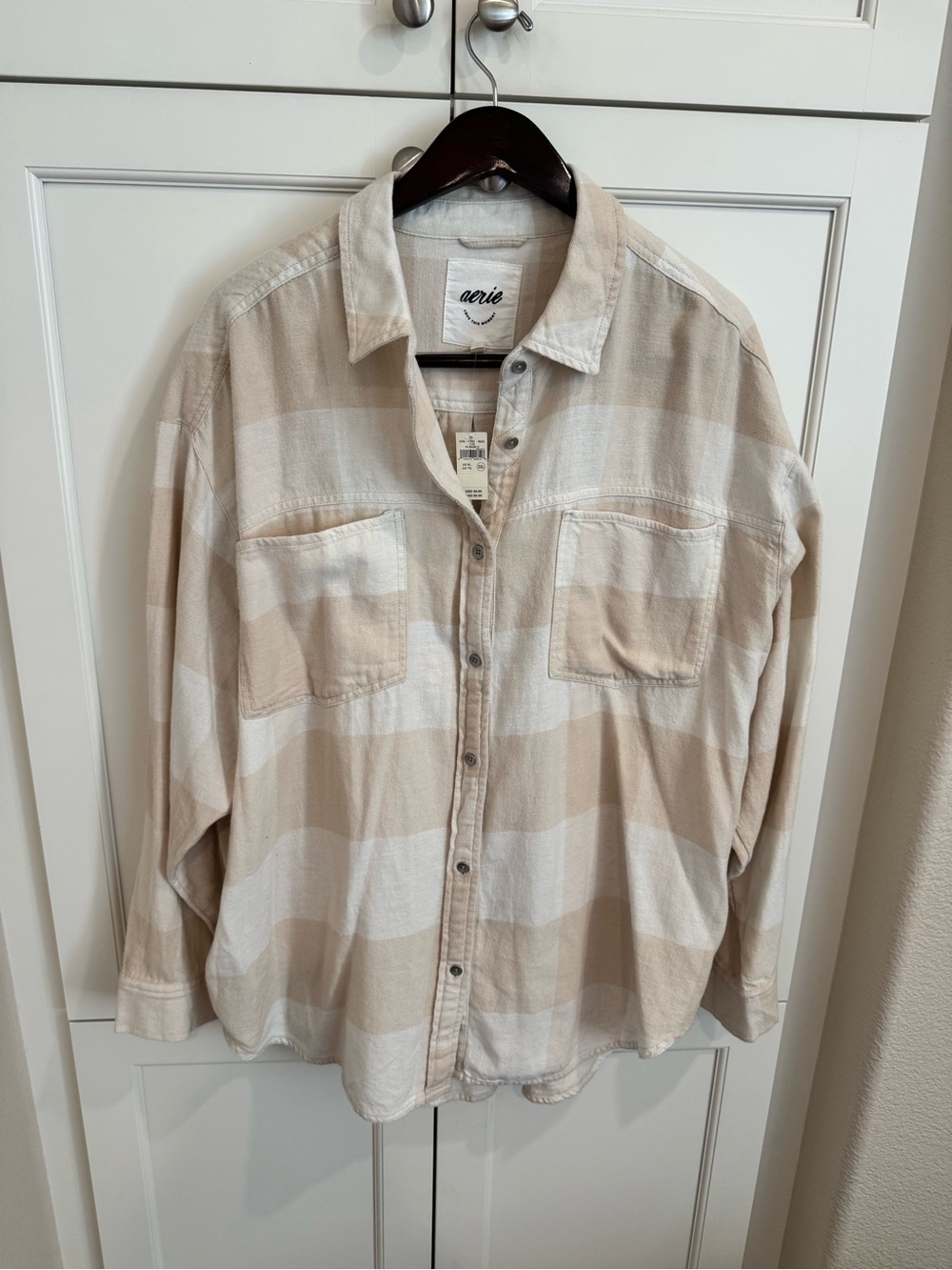 Aerie Oversized Plaid Button-Up Shirt Cream & Brown XL NWT